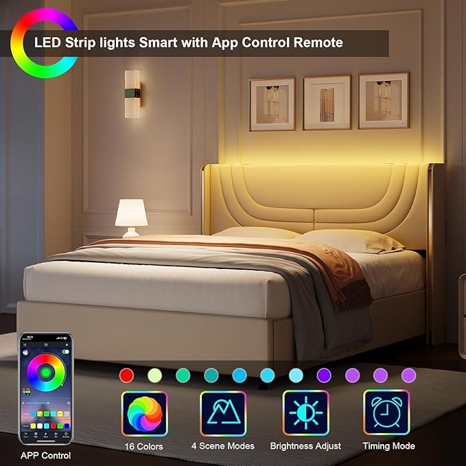 Queen Bed Frame with LED Lights, Faux Leather Upholstered Platform with Silver Wingback Headboard, Modern Style, No Box Spring Needed, Easy Assembly, Cream