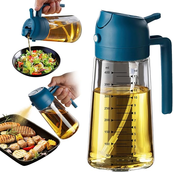 TrendPlain 16oz/470ml Glass Olive Oil Sprayer for Cooking - 2 in 1 Olive Oil Dispenser for Kitchen Gadgets, Air Fryer, Salad, and BBQ - Navy