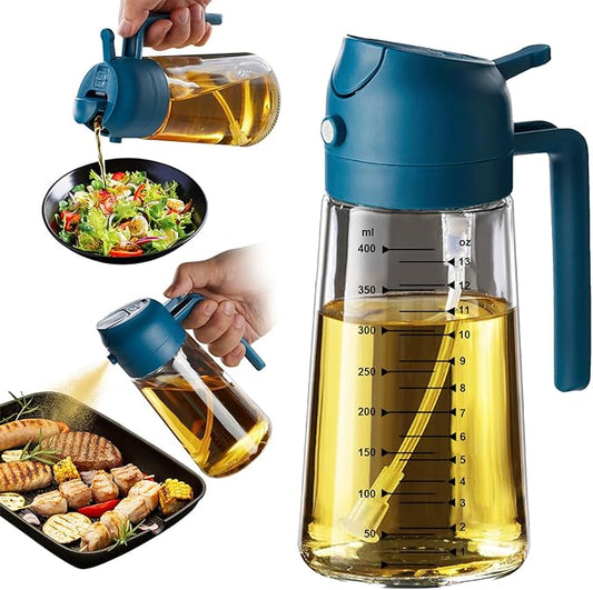 TrendPlain 16oz/470ml Glass Olive Oil Sprayer for Cooking - 2 in 1 Olive Oil Dispenser for Kitchen Gadgets, Air Fryer, Salad, and BBQ - Navy
