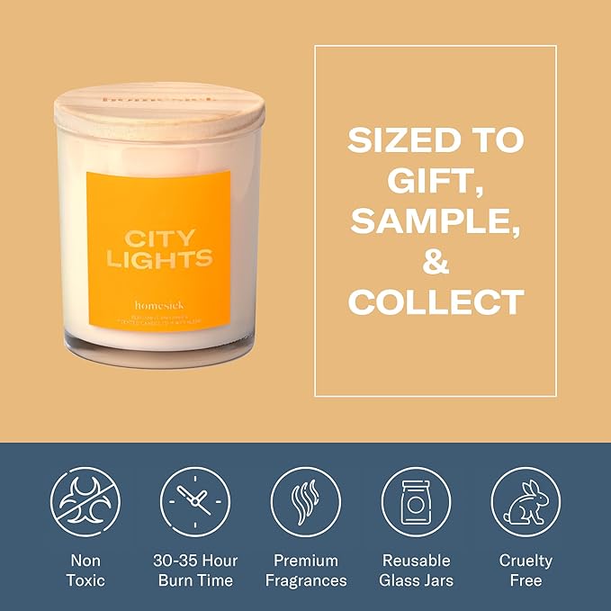 Homesick Scented Candles for Home (City Lights) - 7.5 oz Long-Lasting Natural Soy Wax Blend Jar Candle Gift for Women & Men for All Occasions, 30-35 Hours Burn Time - Notes of Amber & Bergamot