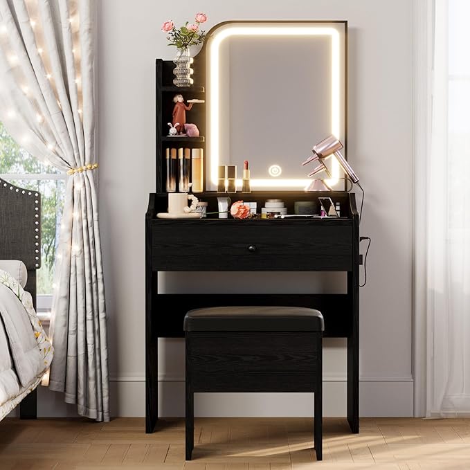 LIKIMIO Small Makeup Vanity Desk with Mirror and Lights, Vanity Table Set with Storage Drawer, Chair and Three Shelves, Bedroom, Black