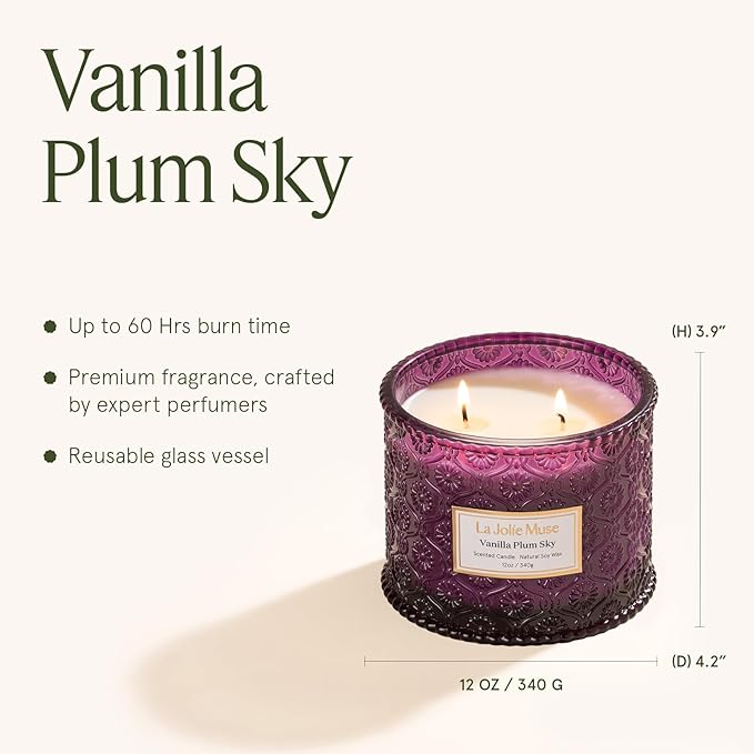 LA JOLIE MUSE Vanilla Plum Sky Candle, Fall Candles for Home Scented, Large 2-Wick Soy Candles, Luxury Jar Candle Gifts for Women & Men, 60 Hours Long Burning, 12oz