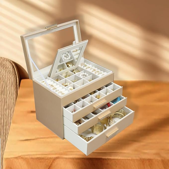 BOOVO Jewelry Boxes for Women, White and Black 4 Layer Large Jewelry Box for Necklace, Bracelet, Earrings, Rings Storage, Jewelry holder Organizer for Girls Gift (Gold, 4 layer)