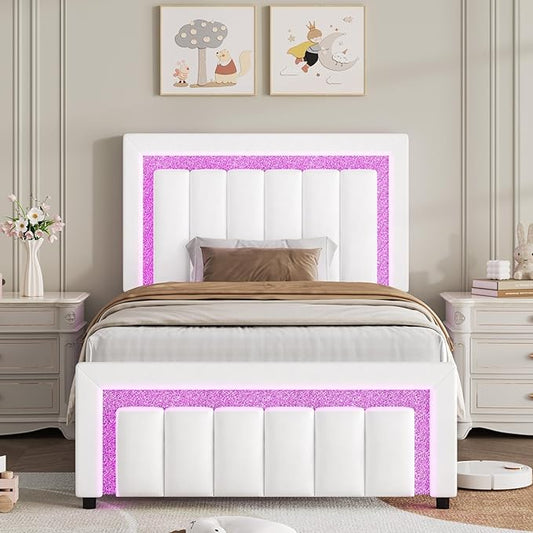 HOMBCK Twin Bed Frame with LED Lights and Velvet Upholstered Headboard, Bed Frame Twin Size with Modern Diamond Headboard Adjustable, Wooden Slats Support, Noise Free, No Box Spring Needed, White