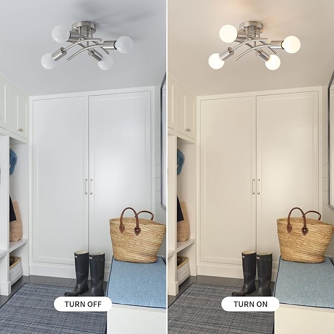 WILON Semi Flush Mount Ceiling Light Fixture, Modern Flush Mount Ceiling Lights, Brushed Nickel 4-Light Sputnik Ceiling Light Fixture with E26 Bulb Base for Hallway Farmhouse Kitchen Bedroom