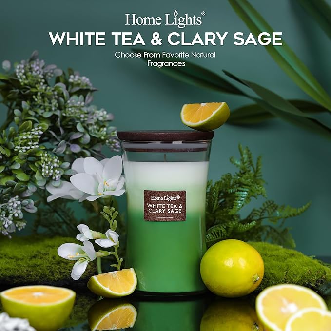 HomeLights 3-Layer Candles for Home Scented, 21.52 OZ Natural Soy Wax Scented Candles Burns Up to 100 Hours, Large Jar, White Tea & Clary Sage