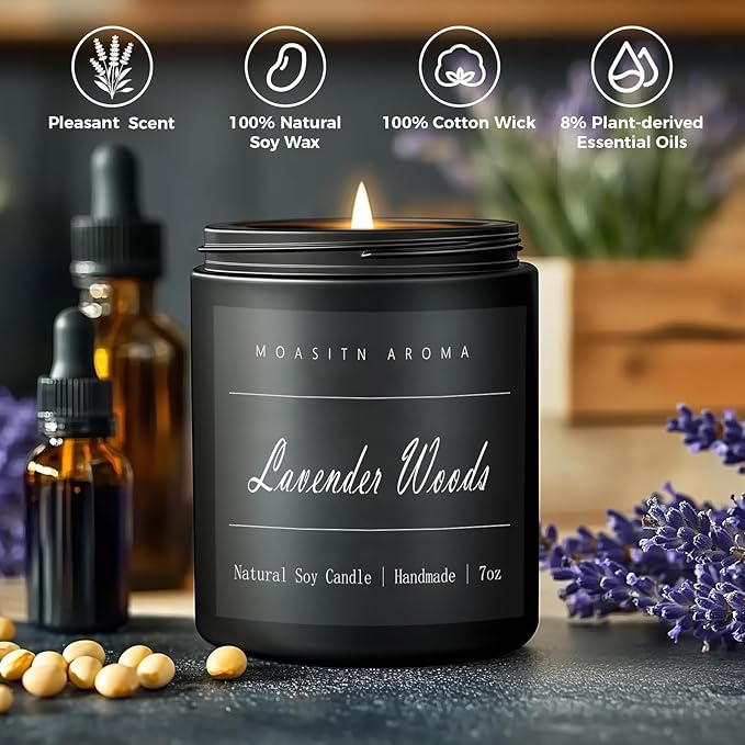MOASITN Lavender Woods Highly Scented Candle for Home|Organic Soy Candel| Handmade Long Lasting Aromatheraphy Jar Candles| Gift for Women,Men for Relaxing,Housewarming,Autumn|7oz