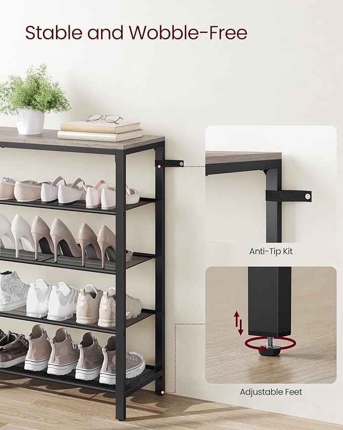 VASAGLE INDESTIC Shoe Rack, Organizer for Closet with 4 Mesh Shelves and Large Top for Bags, Entryway Hallway Shelf, Steel Frame, Industrial, Greige and Black ULBS015B02, 11.8 x 39.4 x 36.4 Inches