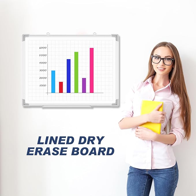 Lincia Magnetic Dry Erase Whiteboard with Lines, 24" x 18" White Board Planner for Wall, Planning Board Magnetic Ruled Dry Erase Whiteboard with Aluminum Frame for Home School Classroom Office (Grid)