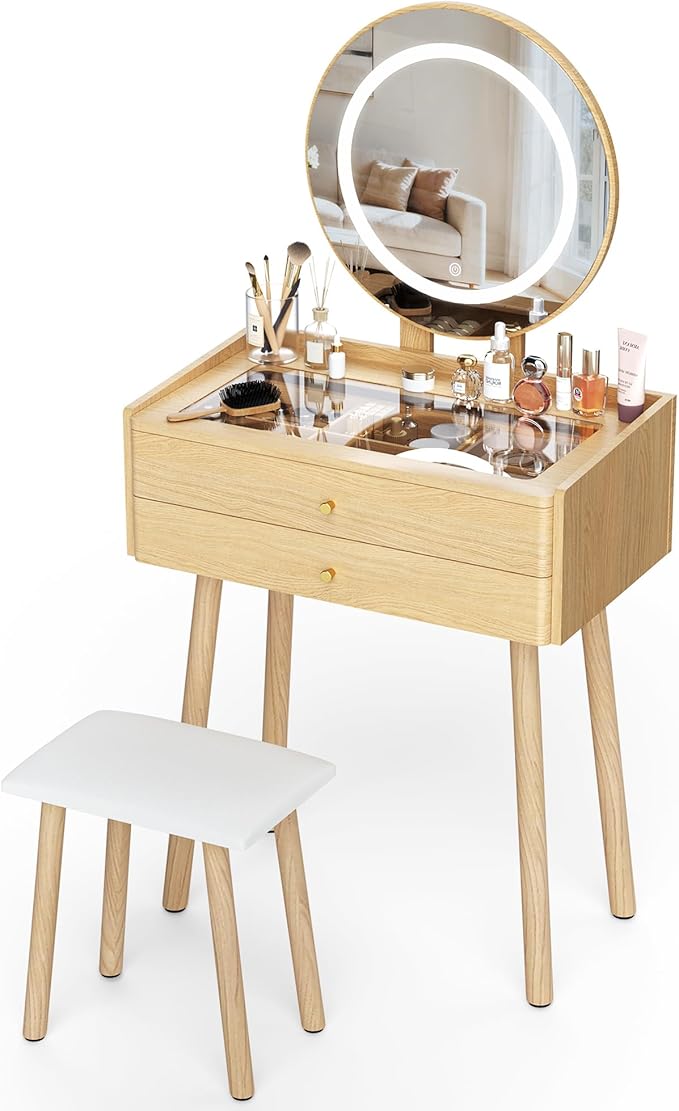 Small Vanity Desk with Mirror and Lights, Metal Handles with Cushioned Stool, 3 Lighting Modes Round Makeup Table with Glass Top, Compact Vanity for Small Spaces with 6-Grid Organizer, Natural Oak