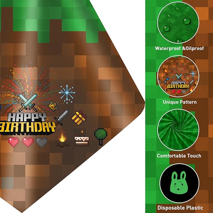 4Pcs Pixel Miner Party Decorations Tablecloth, 54" x 108" Gamer Birthday Tablecloth Disposable Plastic Pixel Gaming Birthday Decorations Table Cover for Kids Gamer Party Supplies