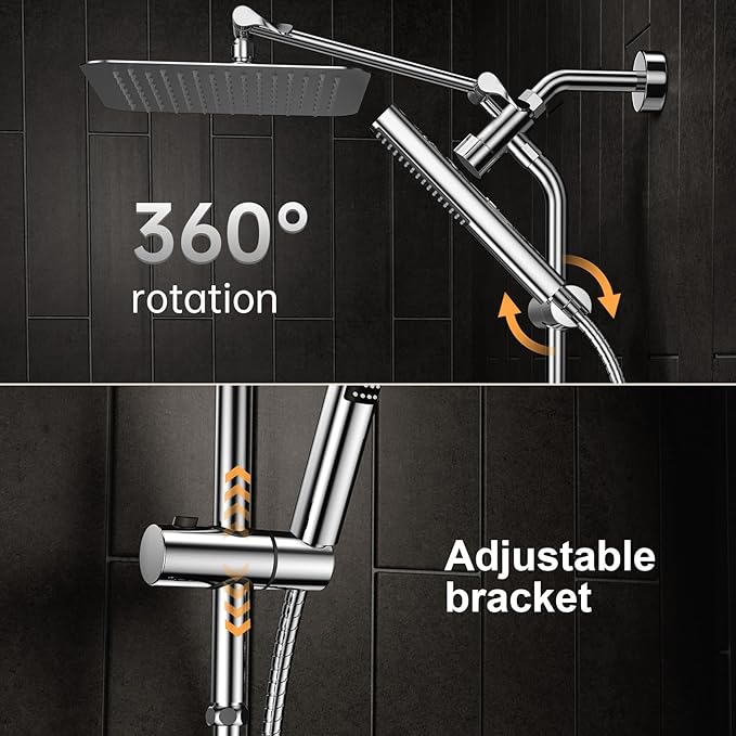 Veken Shower Head, 10'' Luxury All Metal Rain Shower Heads with Handheld Spray Combo, Hand Held Bathroom Combo with Adjustable Extension Arm, Bathroom Accessories, Dual Rainfall Showerhead Chrome