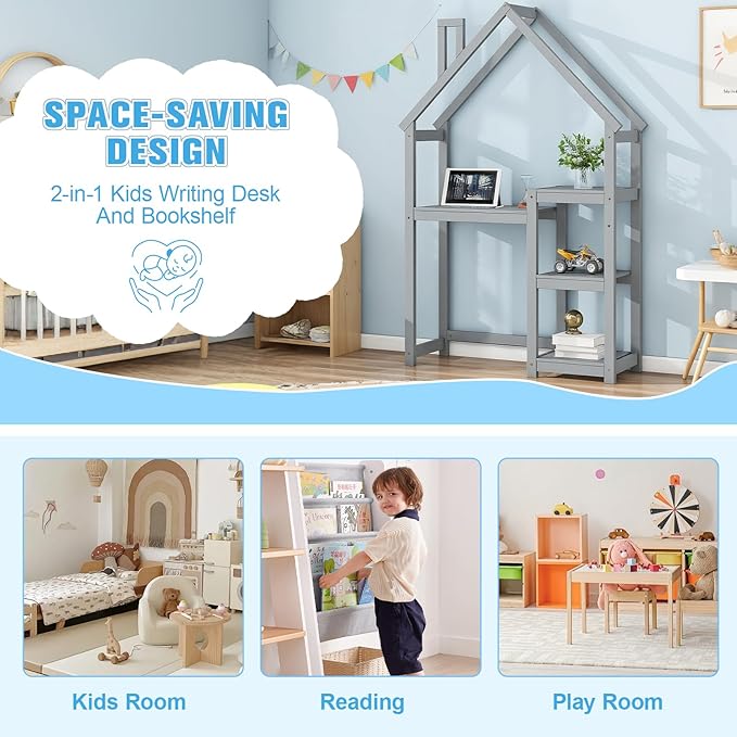 2-in-1 Kids Writing Desk and Bookshelf, 72 inch Tall House-Shaped Wooden Desk for Kids, Built-in 3-Tier Storage Shelves, Anti-Tipping Device, Ideal for Bedroom, Playroom, Learning (Grey)