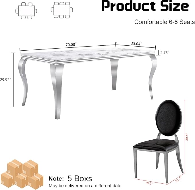 7-Piece Dining Table Set for 6, Faux Marble Modern Dining Table Set with 6 Round Backrest Upholstered Chairs, 70“ Stainless Steel Legs Table & Chair Set for Kitchen, Black & Silver