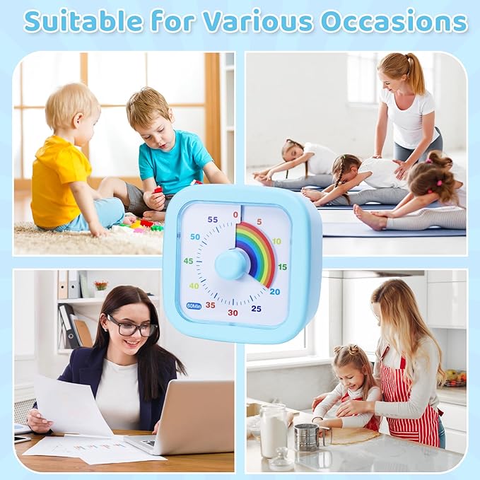 60 Minute Visual Timer for Kids and Adults, Square Countdown Timer with Rainbow Pattern, Desk Timer Kids Time Kitchen Timer Management Tools for Classroom Office Home, Blue