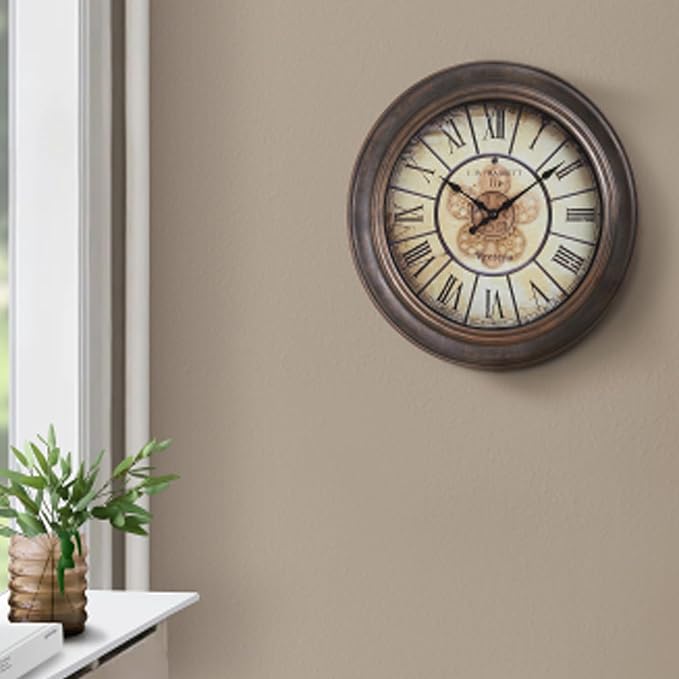 15 Inch Vintage Wall Clock, Silent Non-Ticking Quartz Battery Operated Decorative Clock for Home, Kitchen, Living Room, Dining Room, Office, Aged Bronze Roman Numerals