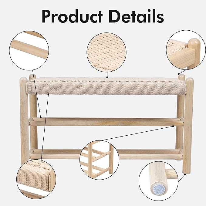 Solid Wood Entryway Bench with Shoe Storage, Rustic Oak Wood and Woven Design 31.5 Inch Long Seating for Living and Dining Rooms, 3-Tier Nature