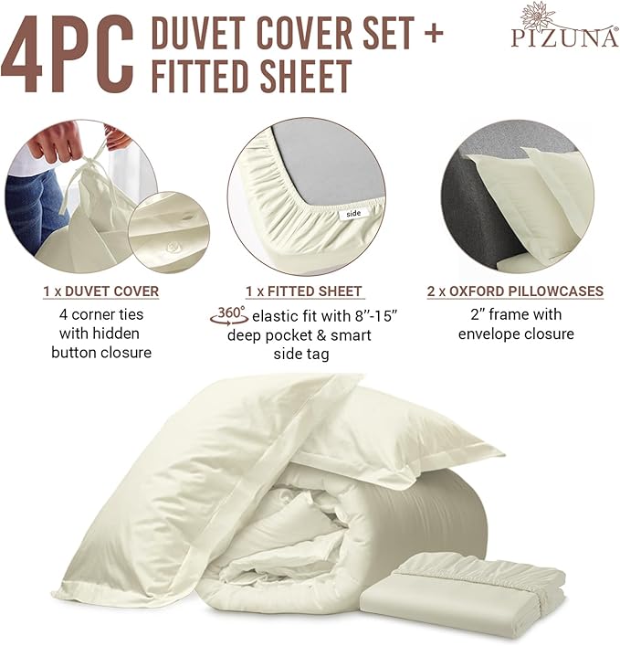 Pizuna 100% Cotton King 3 Pc Duvet Cover + 1 Pc Fitted Sheet Set 400 Thread Count Off White Sateen Weave Luxurious Long Staple Cotton 4 Piece Bedding Set -1 Duvet Cover, 2 Pillow Shams, 1 Fitted Sheet