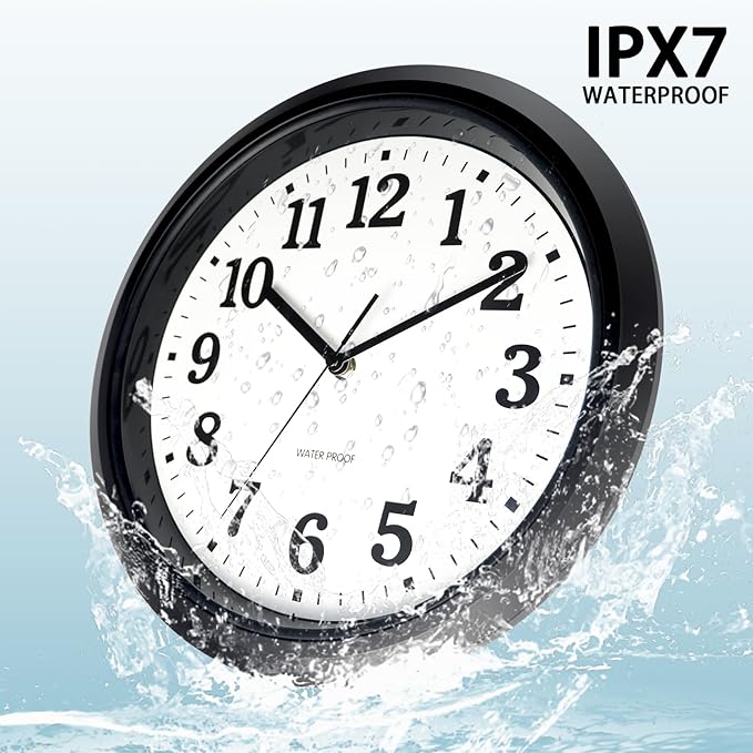 Caysie 12 Inch Sealed Indoor Outdoor Waterproof Wall Clock, Durable Silent Non-Ticking Battery Operated Quality Quartz Round Clock, Wall Decorative for Patio, Pool, Bathroom (Black)