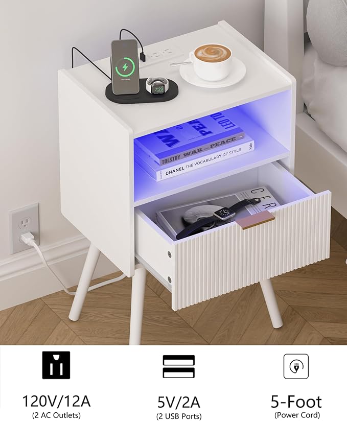 White Nightstand, Modern Bedside Table with Charging Station and LED Lights, Wood Night Stand with Drawer and Opening Storage