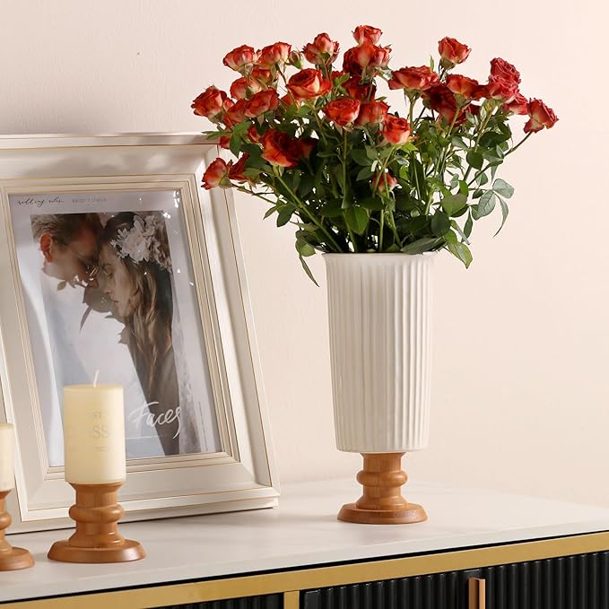 hjn White Cermaic Vase for Flowers Decor Vase with Wooden Base for Your Home Decor/Table/Kitchen/Office/Living Room-White (French Vertical Pattern)