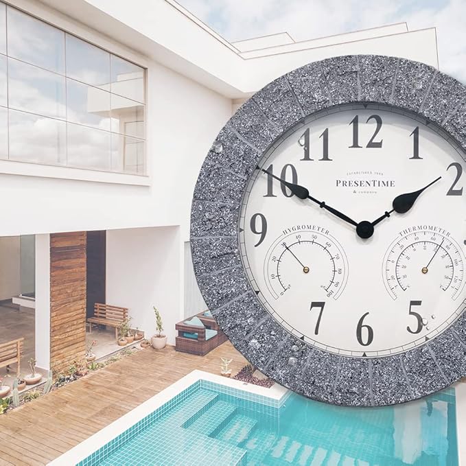 Presentime & Co Sandstone Outdoor Clock with Thermometer & Hygrometer as All in one Weather Station, 14", Gray Sandstone Finish. Weather Thermometer, Outdoor Décor, Wall Décor.