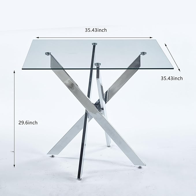 Square Glass Dining Table with Tempered Glass Top and Metal Legs - Modern Style for Home, Kitchen, Dining Room