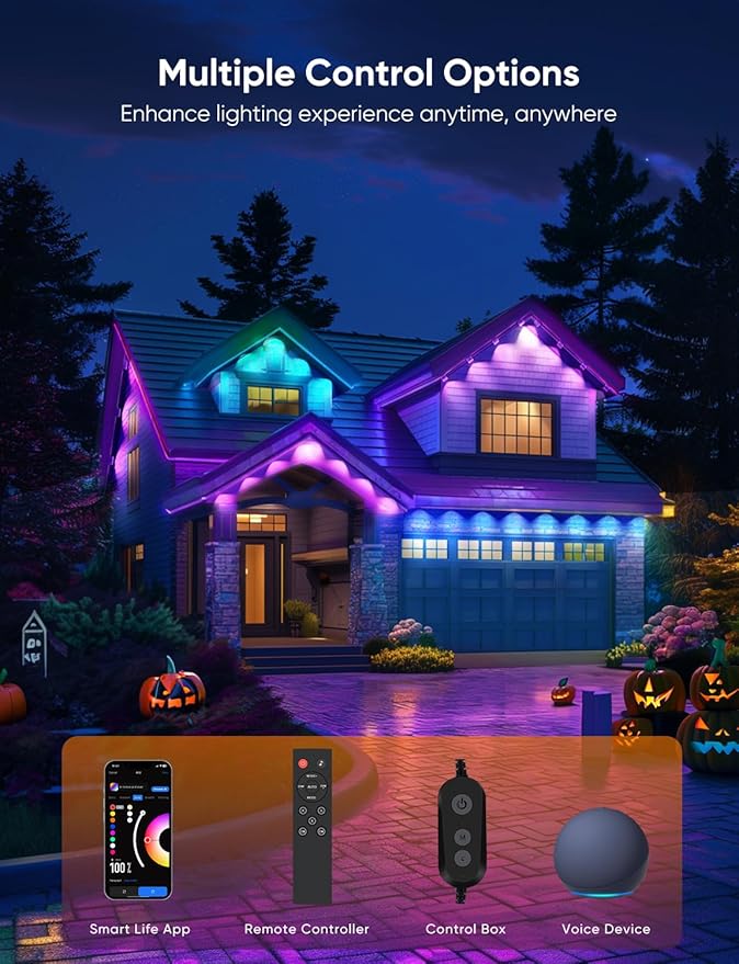 APPECK Permanent Outdoor Lights Pro 100ft, 72W RGBCW Eaves Lights with 72 LED Lights, 80lm, Cuttable, 111 Scene Modes, IP67 Waterproof Lighting for Halloween Decoration, Compatible with Alexa, Black