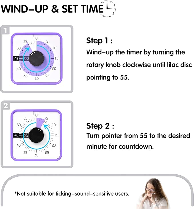 TWENTY5 SEVEN Countdown Timer 7.5 inch; 60 Minute 1 Hour Visual Timer – Classroom Teaching Tool Office Meeting, Mechanical Countdown Clock for Kids Exam Time Management Magnetic, Purple