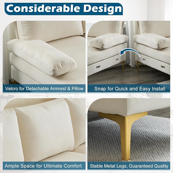 VINGLI 110" Modern U Shaped Sectional Couch with 51"D Double Chaise for Living Room, Beige Deep Seat Sectional Sofa Sets with 5.9" Thickness Seating Padding for Home Furniture,Linen Fabric,Metal Legs