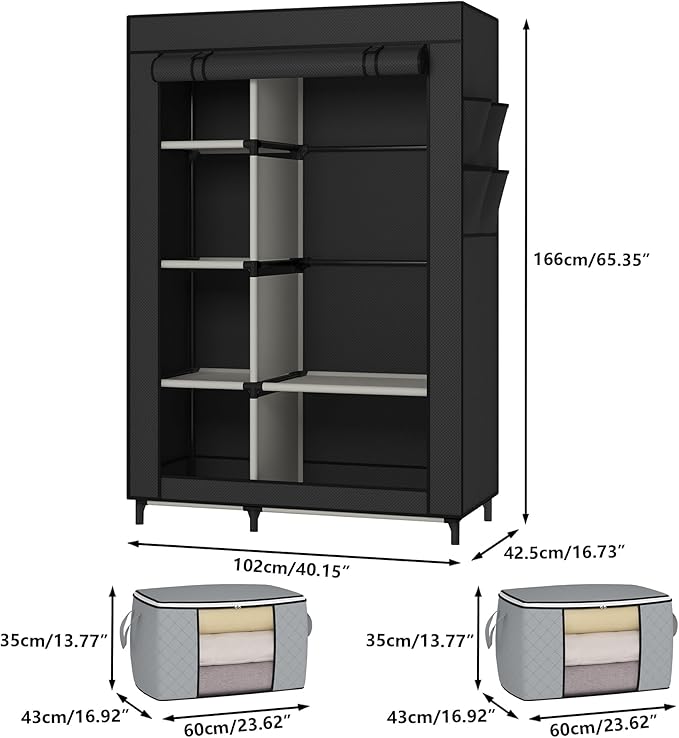 Calmootey Portable Closet, Wardrobe with 6 Shelves and Hanging Rod, Storage Organizer for Bedroom, Non-Woven Fabric Cover with 4 Side Pockets, Includes 2 Storage Bags for Clothes, Black