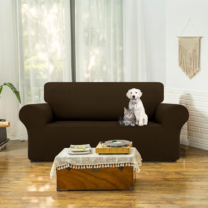 LURKA Stretch Loveseat Sofa Slipcovers 1 Piece Couch Covers for Sofa Furniture Protector Full Sofa Covers with Elastic Bottom for Kids and Dog (Brown, Medium)