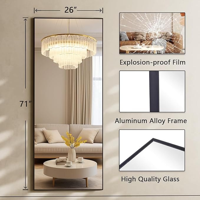 Koonmi 71"x26" Mirror Full Length, Standing Hanging or Leaning Against Wall Floor Mirrors, Full Body Floor Mirror for Bedroom Living Room, Black