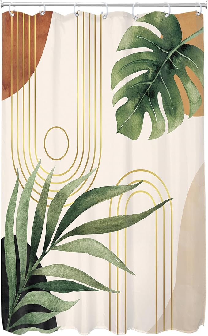 Glawry Boho Sage Green Shower Curtain Small Stall Narrow Mid Century Abstract Bohemian Botanical Palm Leaf Bathroom Liner Arch 48Wx72L Inches Bath Accessories Art Home Decor Fabric 7 Pack Hook