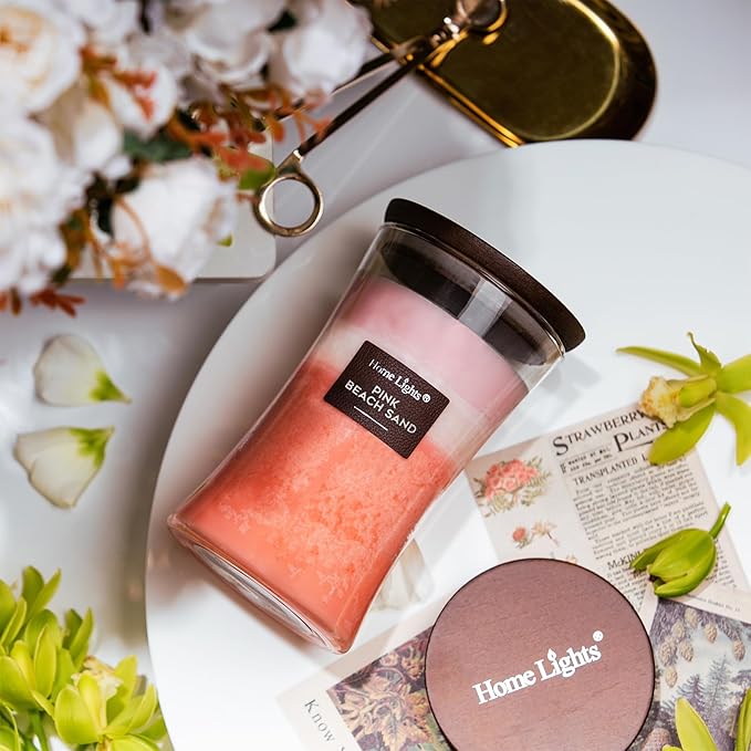 HomeLights 3-Layer Candles for Home Scented, 21.52 OZ Natural Soy Wax Scented Candles Burns Up to 100 Hours, Large Jar, Pink Beach Sand