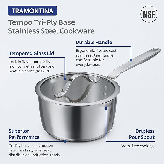 Tramontina Tempo Tri-Ply Base Stainless Steel 7-Piece Cookware Set with Glass Lids, Pots and Pans Kitchen Set, Induction-Ready, Oven-Safe, Dishwasher-Safe