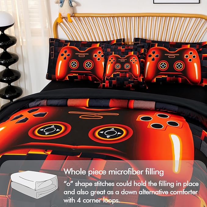 PERFEMET 6-Piece Gamer Comforter Black Orange Video Game Boys Bedding Set for Kids Teens Bedroom 3D Cool Soft Fluffy Gaming Bed in A Bag Set with Sheets(Orange, Queen)