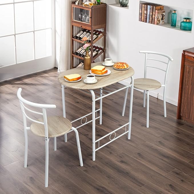 VINGLI 3 Piece Dining Set,Small Kitchen Table Set for 2,Breakfast Table Set,Kitchen Wooden Table and 2 Chairs for Small Space/Dining Room/Apartment,Metal Frame,Wine Rack,White&Light Oak