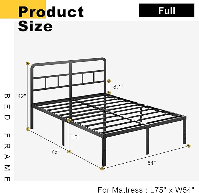 16 Inch Full Size Bed Frame with Headboard No Box Spring Needed, Heavy Duty Metal Platform with Steel Slat, Mattress Foundation, Easy Assembly, No Noise, Black