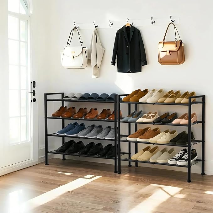 Simple 4 Tier Shoe Rack,Metal Stackable Shoe Storage Organizer for Closet,Entryway, Bedroom, Black (Black, 4-Tier)