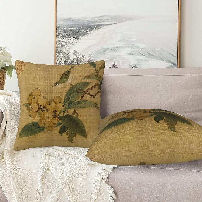 Vintage Rustic Chinoiserie Floral Bird Throw Pillow Covers 18x18 Inch Set of 2 Farmhouse Flowers Decorative Pillows Cover Retro French Country Cushion Case of Sofa Living Room Bedroom