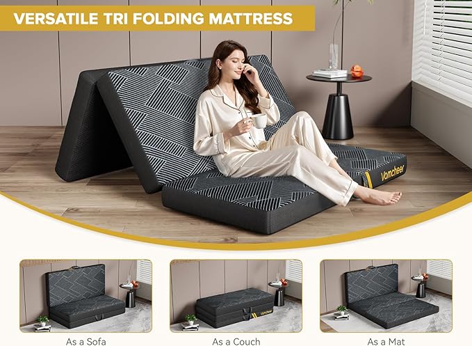 Vamcheer Foldable Mattress Single Size, 4 Inch Tri Folding Mattress, Handle & Non-Slip Bottom with Washable Cover for Travel RV Camping Guest Room, 75"x25"x4", Grey