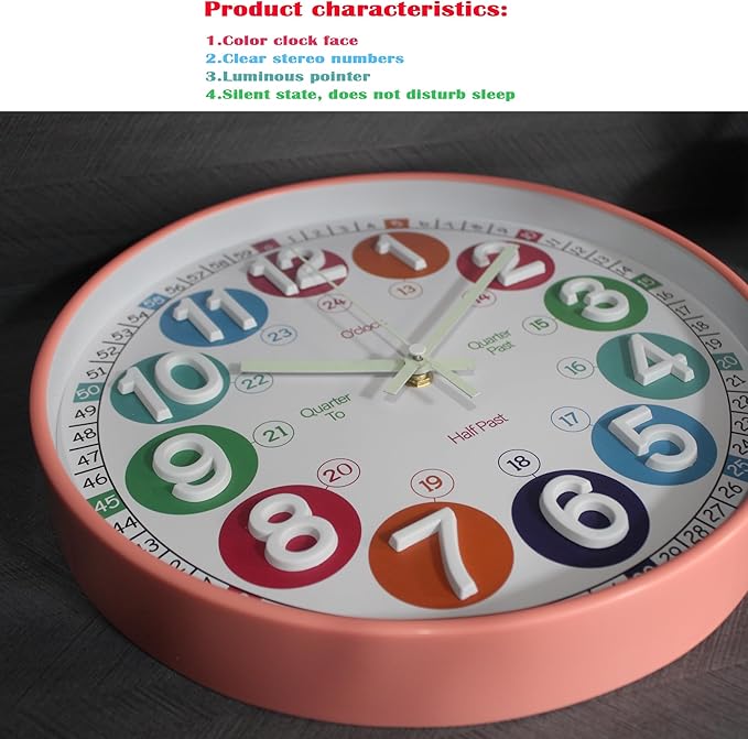 Wall Clocks,Learning Time Clock,12 Inch 3D Numbers Colorful Clock Face Silent Luminous Clocks,Clear Digital Wall Clock (3D Peach Pink Luminous)
