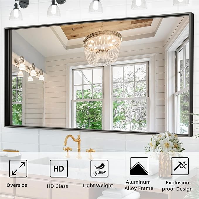 55”x 30” Blak Bathroom Mirrors for Over Sink, Black Framed Vanity Mirror for Bathroom, Shatter Proof, Tempered Glass, Rectangle Wall Mirror Horizontally/Vertically