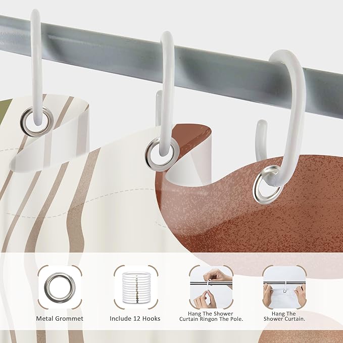 Glawry Green Brown Boho Shower Curtain Abstract Mid Century Plant Tropical Leaves Modern Geometric Bathroom Minimalist Arch Curve 60Wx72L Inches Bath Accessories Art Home Decor Fabric 12 Pack Hooks