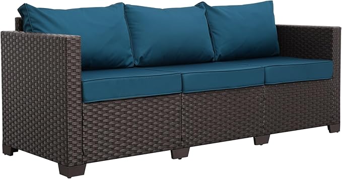 Outdoor Furniture Wicker Outdoor Couch Patio Furniture 3-seat Sofa Deep Seat Hight Backrest Non-Slip Cushions, Peacock Blue