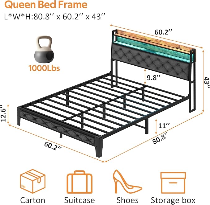 Winkalon Queen Bed Frame with Headboard, Bed Frame with Charging Station, Metal Platform Bed Frame Queen Size No Box Spring Needed, Modern Wood Upholstered Headboard and Under Bed Storage