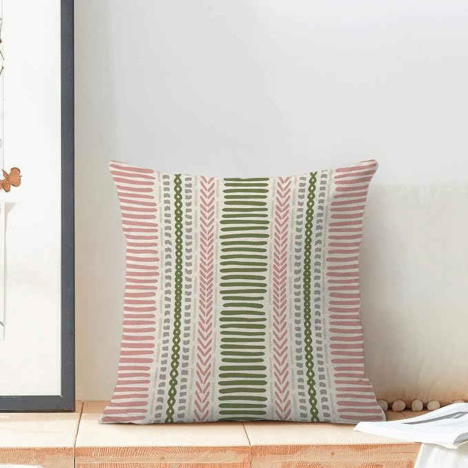 Boho Pillow Covers 18x18 Set of Pink Sage Green Stripes Throw Pillow Covers Outdoor Decoration,Bohemian Abstract Modern Decor Pillowcase Farmhouse Linen Decorative Cushion Cover for Home Couch