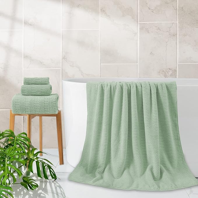 8 Piece Extra Large Bath Towels Set,2 Oversized 35"x70" Bath Towel Sheets,2 Hand Towels and 4 Washcloths 600 GSM Highly Absorbent Quick Dry Towels Set for Bathroom Hotel Light Green