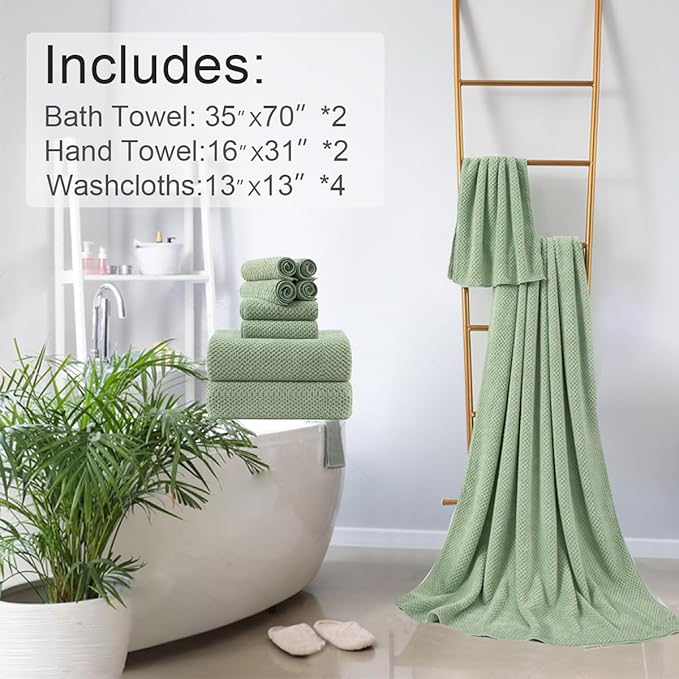 8-Piece Green Bath Towels Set,2 Oversized Large Bath Towels Sheet,2 Hand Towels and 4 Washcloths - 600 GSM Soft Luxury Towel Set,Highly Absorbent Quick Dry Towel Collection for Bathroom,Hotel and Spa